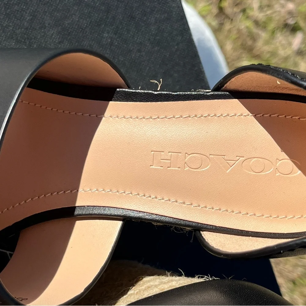 Coach Black Leather Espadrille Wedge Sandals